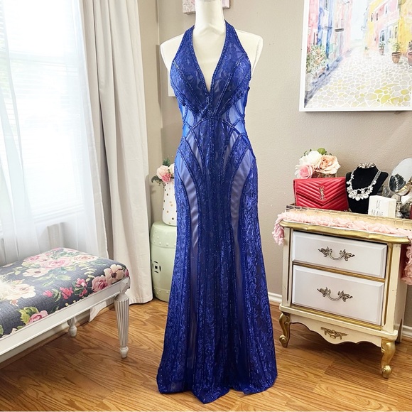 Blue Halter Prom Gown dress size 4 MISSING MANY GEMS - Picture 3 of 14